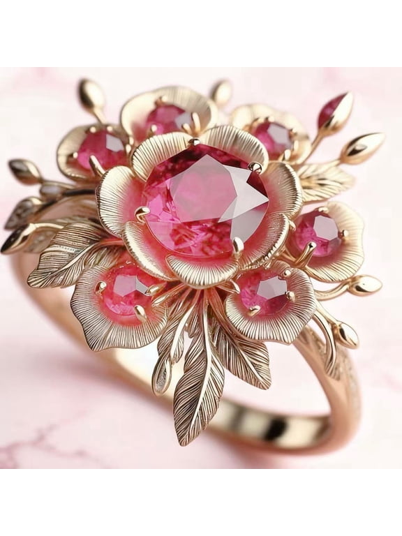 Vintage Floral Flower Ring for Women, Rose Gold Plated Ruby Red CZ Statement Cocktail Ring, Art Nouveau Style Botanical Fashion Jewelry Gift Sizes 8