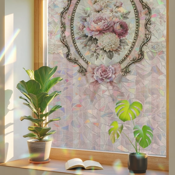 Vintage Floral Frame Window Privacy Film, Rustic Pink Floral Stripes Stained Glass Rainbow Film Decorative Window Clings, Static Cling Sun Blocking Stickers 17.7" x 39.3"