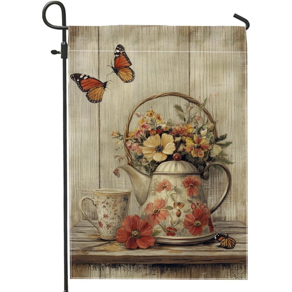 Vintage Floral Garden Flag, Cream Teapot With Flowers and Butterflies, Double Sided Rustic Outdoor Yard Decor, Spring Summer Lawn Flag, 12 x 18 Inch