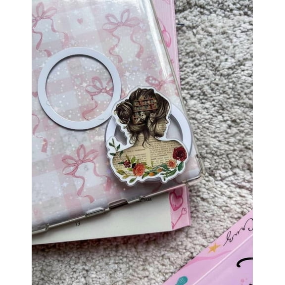 Vintage Floral Girl Phone Grip, Red Roses and Book Leaves Phone Holder, Antique Paper Texture Phone Accessory, Victorian Style Aesthetic Phone Stand, Botanical Art Gift for Book Lovers