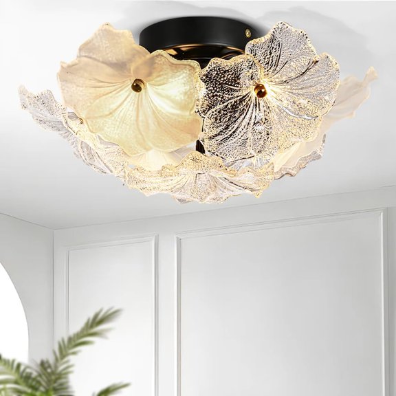 Vintage Floral Glass Flush Mount Ceiling Light, Textured Flower Shade Art Deco Ceiling Fixture, Clear & Frosted Glass Semi-Flush Mount for Bedroom Living Room Hallway$$