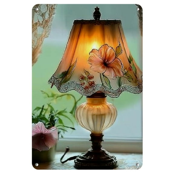 Vintage Floral Glass Table Lamp Wall Art - Elegant Iron Decor with Wrought Iron Detailing, Pre-Drilled for Easy Hanging, 8x12 Inches, Perfect Gift for Home Enthusiasts