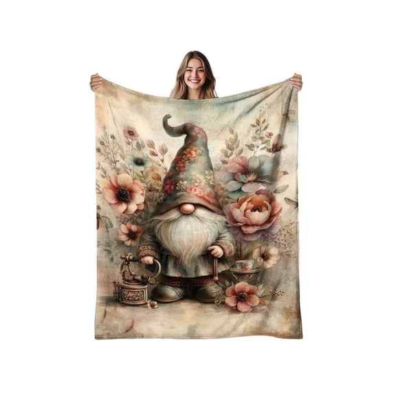 Vintage Floral Gnome Throw Blanket, Soft Warm Cozy Flannel 280gsm, All-Season Farmhouse Decor for Couch Bed Living Room, Washable Mixed Colors