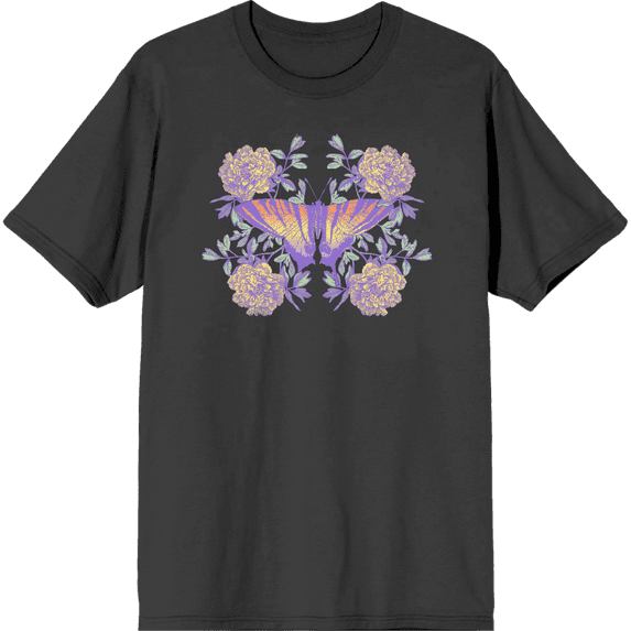 Vintage Floral Gradient Butterfly Adult Charcoal Crew Neck Short Sleeve Tee-Medium