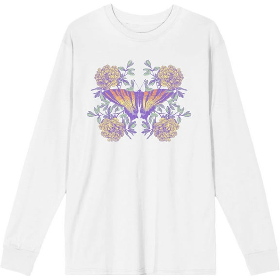 Vintage Floral Gradient Butterfly Adult White Crew Neck Long Sleeve Tee-Large