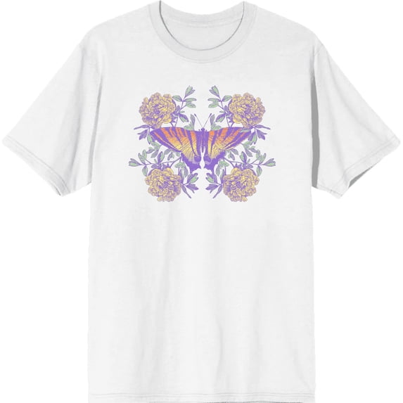 Vintage Floral Gradient Butterfly Adult White Crew Neck Short Sleeve Tee-XL