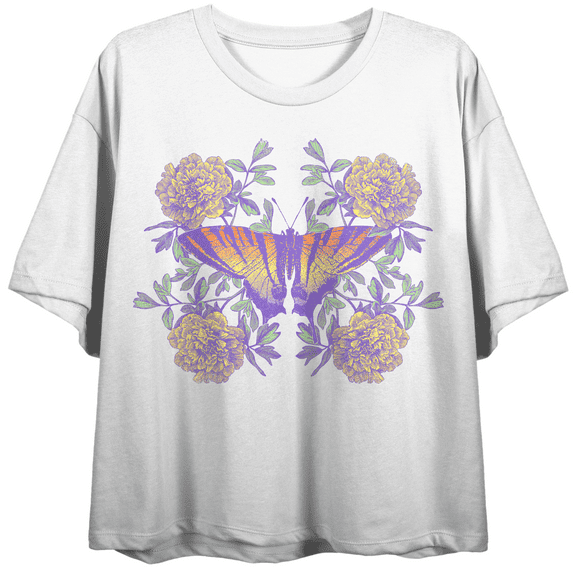 Vintage Floral Gradient Butterfly Crew Neck Short Sleeve Women's White Crop T-shirt-Medium