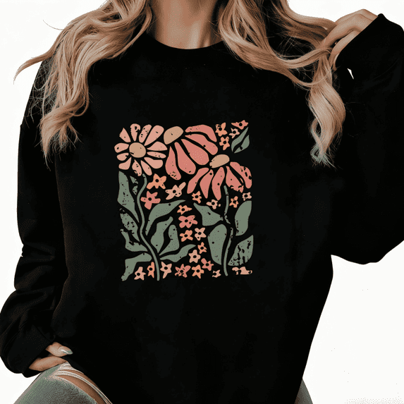 Vintage Floral Graphic Fashion Suitable Tee T-Shirt Print Top Round-neck long-sleeved Black S-3XL