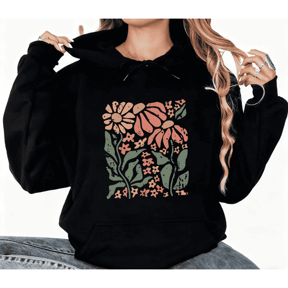 Vintage Floral Graphic Soft Breathable Regular Fit Tee T-Shirt Print Top Hooded long-sleeved Black S-2XL