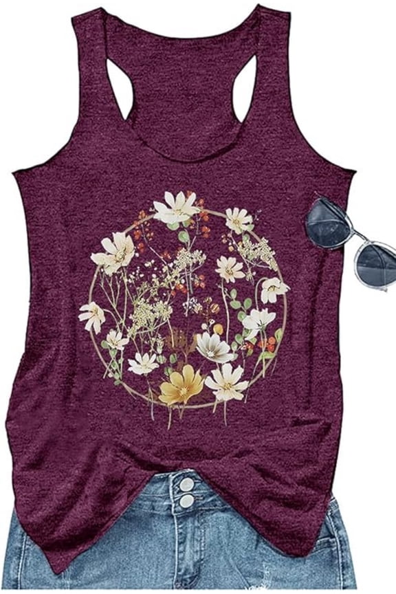 Vintage Floral Graphic Tank Tops for Women Summer Boho Wildflower Graphic Racerback Tank Cami XX-Large