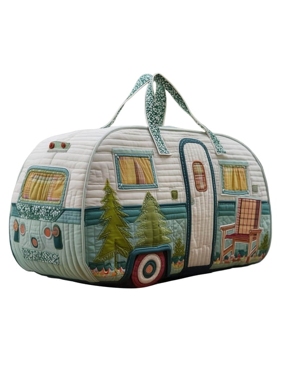 Vintage Floral Hippie Van Quilted Duffle Bag, Boho Weekender Travel Luggage, Multipurpose Gym Overnight Tote Bag