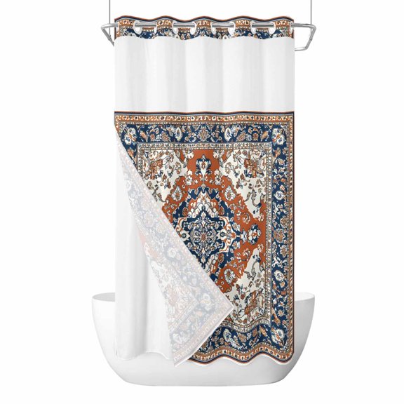 Vintage Floral No Hook Shower Curtain with Snap in Liner, Retro Navy Classical Bohemian Farmhouse Waterproof Shower Curtain for Bathroom with Top Sheer Window, 36x72 Inch