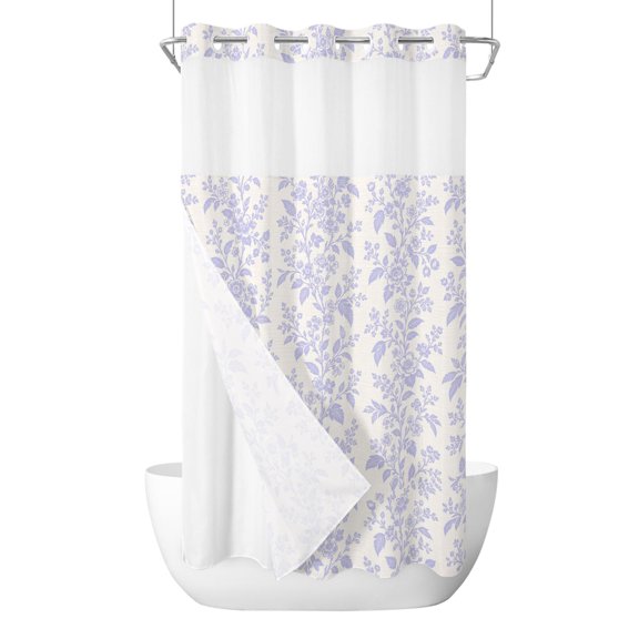 Vintage Floral No Hook Shower Curtain and Snap in Liner Set, Farmhouse Purple Wildflowers Leaf Botanical Waterproof Shower Curtain Liner Set with Mesh Top Window Weighted for Bathroom 36x78in