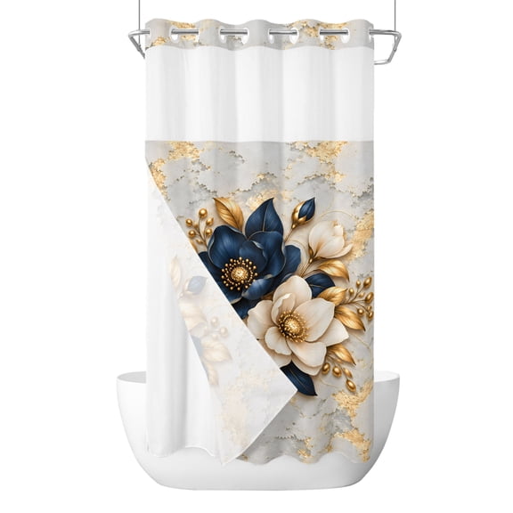 Vintage Floral No Hook Shower Curtain and Snap in Liner Set, Navy Blue Peonies Gold Leaf 3d Botanical Marble Waterproof Shower Curtain Liner Set with Mesh Top Window Weighted for Bathroom 36x78in