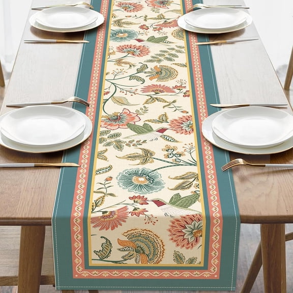 Vintage Floral Hummingbird Linen Table Runner, Retro Botanical Leaf Dining Table Decoration, Cottage Country Indoor Outdoor Home Decor Holiday Daily Party Supply 13''x72''