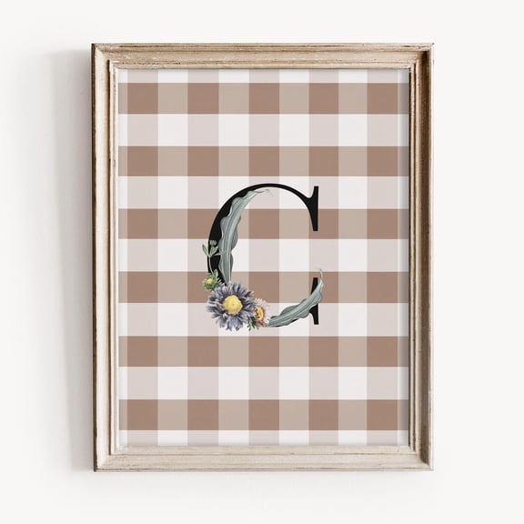 Vintage Floral Initial Print, Beige Gingham C Letter Art, Rustic Farmhouse Decor, Neutral Monogram Nursery Print, Botanical Alphabet Home Decor #1622, Unframed Poster Size 8x12