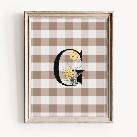 Vintage Floral Initial Print, Beige Gingham G Letter Art, Rustic Farmhouse Decor, Neutral Monogram Nursery Print, Daffodil Flowers Home Decor #1747, Unframed Poster Size 8x12
