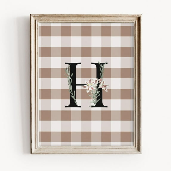 Vintage Floral Initial Print, Beige Gingham H Letter Art, Rustic Farmhouse Monogram, Neutral Nursery Wall Decor, Lily Flowers Home Decor #1746, Unframed Canvas Size 12x18