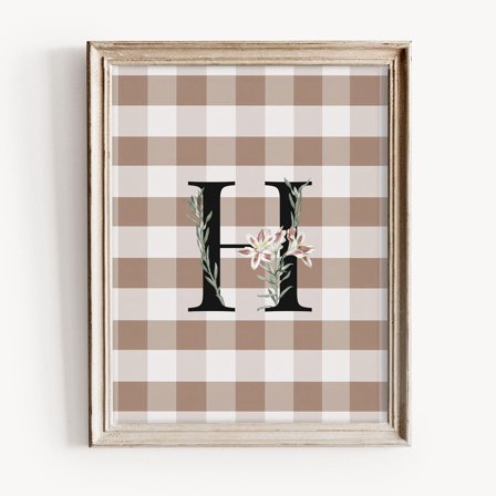 Vintage Floral Initial Print, Beige Gingham H Letter Art, Rustic Farmhouse Monogram, Neutral Nursery Wall Decor, Lily Flowers Home Decor #1746, Unframed Poster Size 8x12