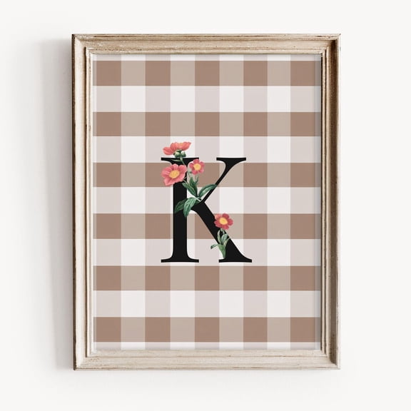 Vintage Floral Initial Print, Beige Gingham K Letter Art, Rustic Monogram, Pink Spring Flowers, Neutral Nursery Wall Decor Home Decor #1743, Unframed Poster Size 8x12