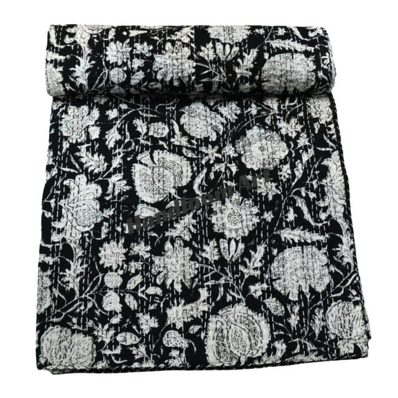 Vintage Floral Kantha Quilt, Black & White Cotton Bedspread with White Stitched Pattern, Kantha Gudri(Twin Size - 60" x 90")