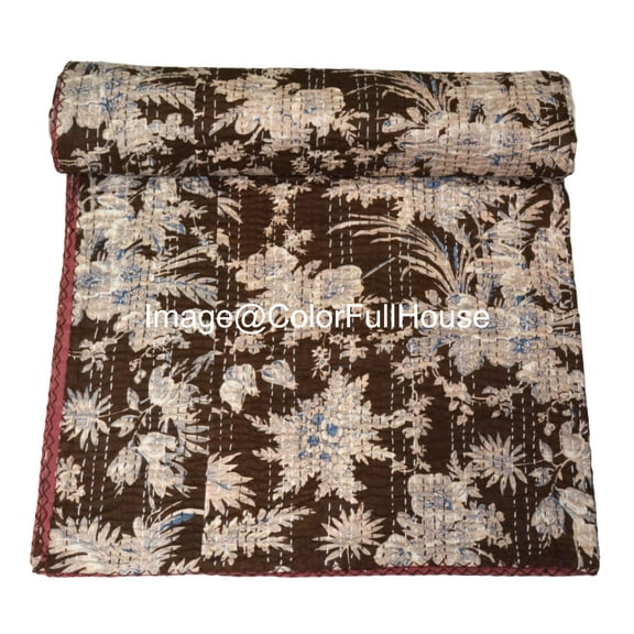 Vintage Floral Kantha Quilt,Brown Cotton Bedspread with White Stitched Pattern, Kantha Gudri ( King 108" x 108" )