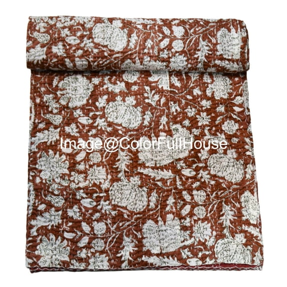 Vintage Floral Kantha Quilt, Brown and White Cotton Bedspread with White Stitched Pattern, Kantha Gudri ( Double 90" x 108")