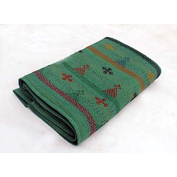 Vintage Floral Kantha Quilt, Cotton Bedspread with White Stitched Pattern, Kantha Gudri (Queen Size - 90" x 108")