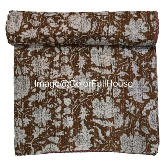 Vintage Floral Kantha Quilt, Cotton Bedspread with White Stitched Pattern, Kantha Gudri ( Single 60" x 90" )