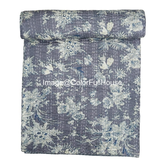 Vintage Floral Kantha Quilt, Gray Cotton Bedspread with White Stitched Pattern, Kantha Gudri ( Double 90" x 108")