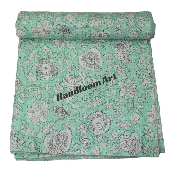 Vintage Floral Kantha Quilt, Mint Green Cotton Bedspread with White Stitched Pattern, Kantha Gudri (Queen Size - 90" x 108")