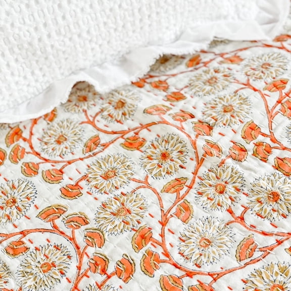 Vintage Floral Kantha Quilt: Orange Vine, White Cotton, Rustic Bedding
