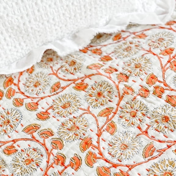 Vintage Floral Kantha Quilt: Orange Vine, White Cotton, Rustic Bedding