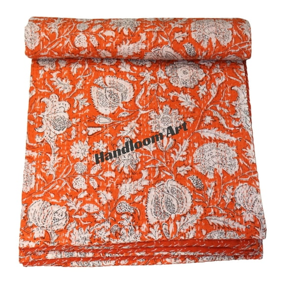 Vintage Floral Kantha Quilt, Orange and White Cotton Bedspread with White Stitched Pattern, Kantha Gudri (Queen Size - 90" x 108")