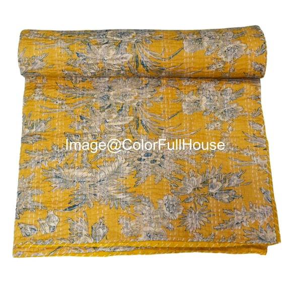 Vintage Floral Kantha Quilt, Yellow Cotton Bedspread with White Stitched Pattern, Kantha Gudri ( King 108" x 108" )