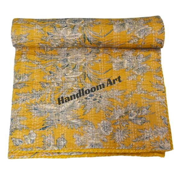 Vintage Floral Kantha Quilt, Yellow Cotton Bedspread with White Stitched Pattern, Kantha Gudri (Queen Size - 90" x 108")