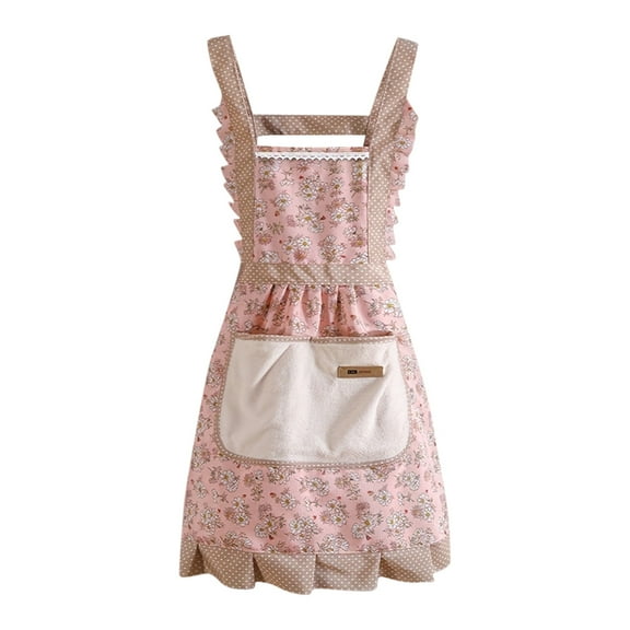 Vintage Floral Kitchen Apron with Ruffle Trim, Adjustable Straps and Large Pockets, Kitchen Apron for Cooking and Baking, Pink