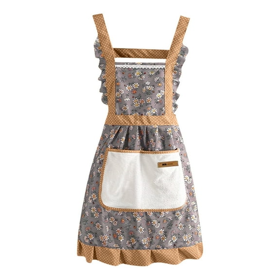 Vintage Floral Kitchen Apron with Ruffle Trim, Adjustable Straps and Large Pockets, Kitchen Apron for Cooking and Baking, Pink