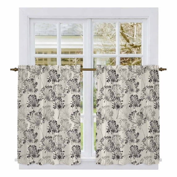 Vintage Floral Kitchen Curtain for Berdoom Living Room Cafe 54 Inch Length, Grey Spring Dandelion Plants Flower Botanical Tiers Curtains Light Filtering Drapes Window Treatment 2 Panels 52"Wx54"L