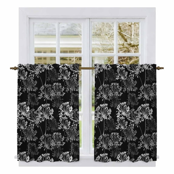 Vintage Floral Kitchen Curtains 45 Inch Length, Black Dandelion Plants Country Botanical Tiers Curtains for Bathroom Bedroom Cafe, Light Filtering Small Window Treatment Drapes 2 Panels 42"Wx45"L
