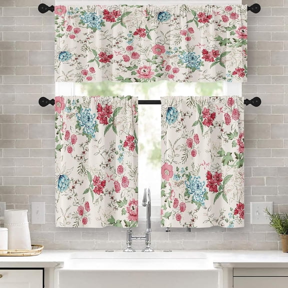 Vintage Floral Kitchen Curtains Farmhouse Window Curtains Valance and Tier Set 36 Inch, Blue Pink Spring Flowers Rod Pocket Short Tier Curtain, Abstract Small Cafe Curtains for Kitchen Decor