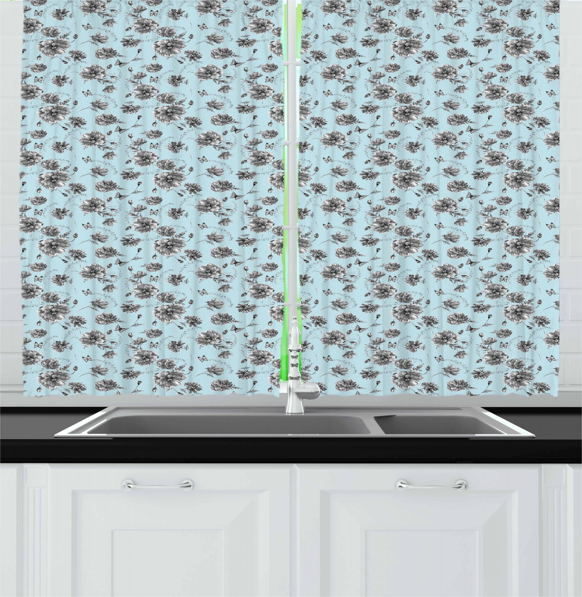 Vintage Floral Kitchen Curtains, Monochrome Watercolor Wildflowers