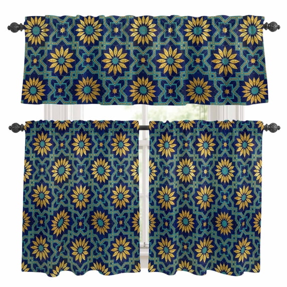 Vintage Floral Kitchen Curtains Sets for Windows 24 Inch Length, Country Flowers Abstract Art Blue Yellow Rod Pocket Window Treatments Tier Curtains and Valances Set for Bedroom/Bathroom