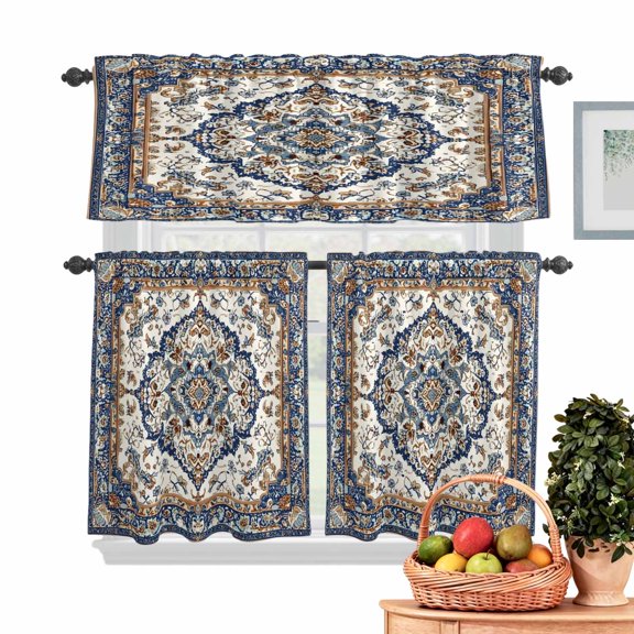 Vintage Floral Kitchen Curtains Valances 3 Piece Set, Navy Brown Classical Bohemian Style Rod Pocket Tier Curtain and Valance Drapes for Small Window 36 Inch Length for Bedroom Cafe