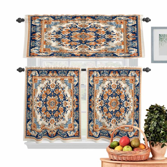 Vintage Floral Kitchen Curtains Valances 3 Piece Set, Navy Orange Classical Bohemian Farmhouse Rod Pocket Tier Curtain and Valance Drapes for Small Window 24 Inch Length for Bedroom Cafe