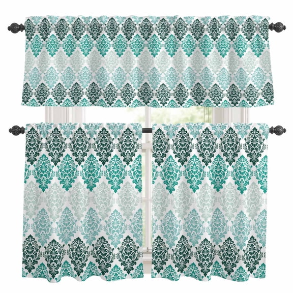 Vintage Floral Kitchen Curtains and Valances Set, Dark Green Flower Pattern Country Gradient Rod Pocket Window Valance Window Curtain Panels for Living Room Bedroom Laundry, 27.5x36in, 3 Pieces