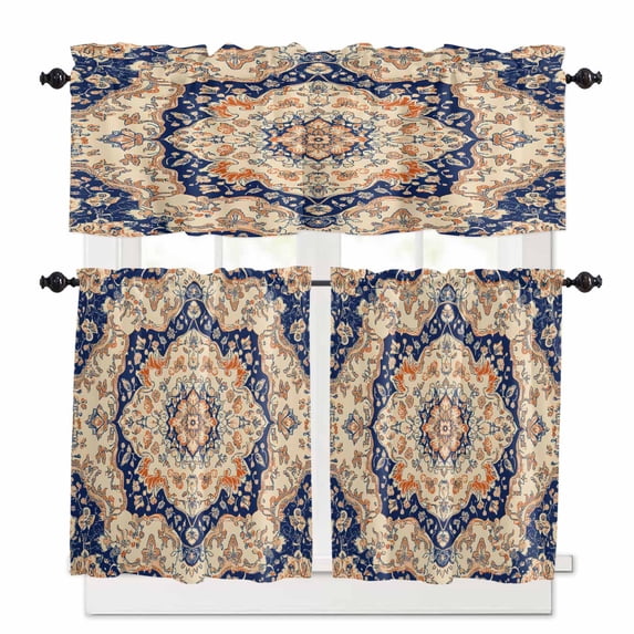 Vintage Floral Kitchen Curtains and Valances Set, Navy Orange Classical Bohemian Style Rod Pocket Window Valance 18 Inch Window Curtain Panels for Living Room Bedroom Laundry, 27.5x24in, 3 Pieces