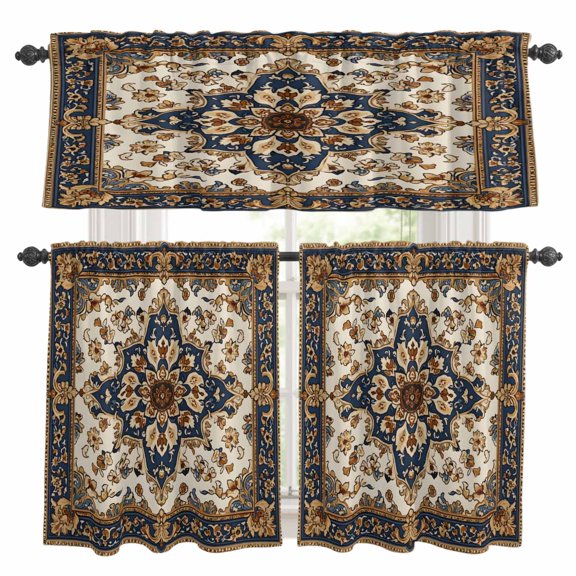 Vintage Floral Kitchen Curtains Valances and Tiers Set of 3 Navy Classical Bohemian Farmhouse Tier Curtains and Valance with Rod Pocket for Small Windows, 27.5"x24"