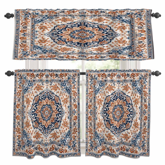 Vintage Floral Kitchen Curtains Valances and Tiers Set of 3 Navy White Classical Bohemian Farmhouse Tier Curtains and Valance with Rod Pocket for Small Windows, 27.5"x24"
