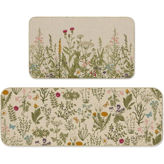 Vintage Floral Kitchen Mats Retro Wildflower Kitchen Floor Rugs Farmhouse Flower Decorative Non Slip Rectangle Doormats for Spring Party Home Entrance Decor Supplies, Set of 2
